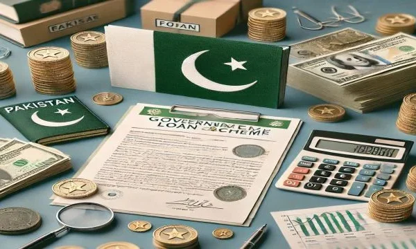 An image representing a government loan scheme for officers in Pakistan, featuring the Pakistan flag, official documents, and symbols of finance like