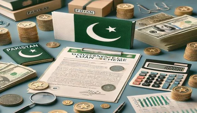 An image representing a government loan scheme for officers in Pakistan, featuring the Pakistan flag, official documents, and symbols of finance like